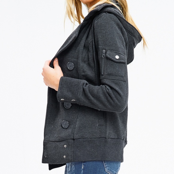 NWT Charcoal Double Breasted Hooded Jacket S - Picture 3 of 7